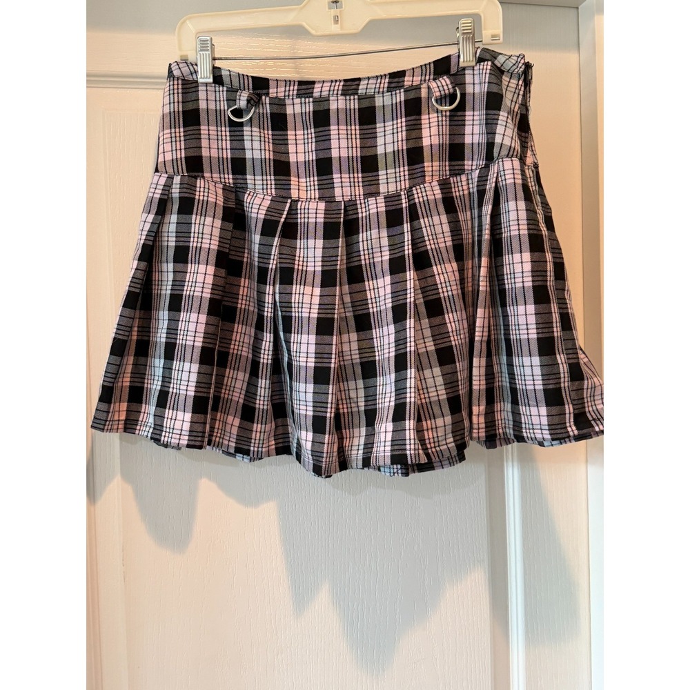 Hot Topic Pink Blue Black Plaid Pleated Mini Skirt Zip Size XL Preppy Academia